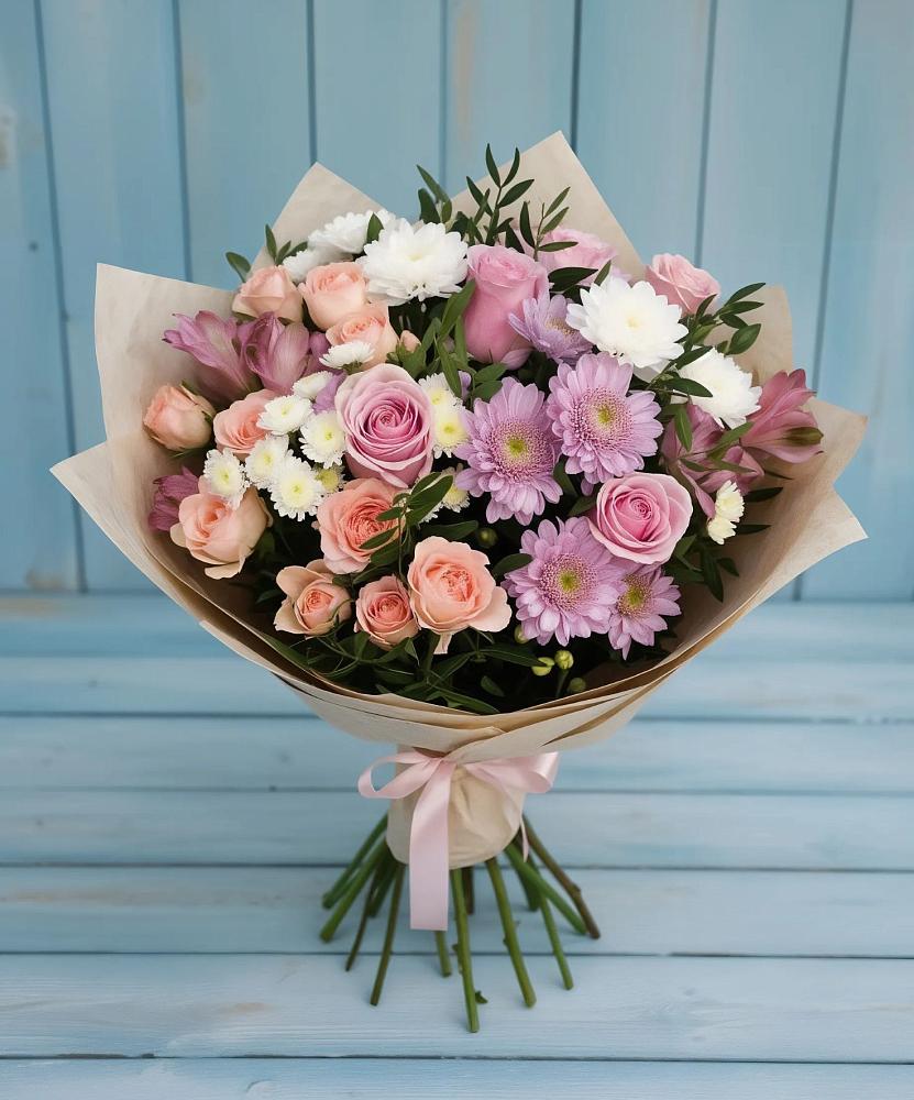 Букет цветов из: Хризантемы, Розы и Альстромерии в Усть-Лабинске