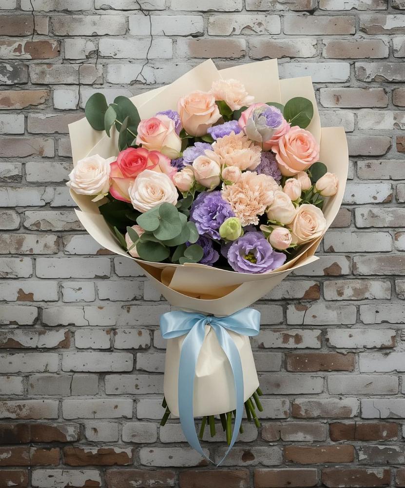 Букет цветов из: Розы, Лизиантусы и Гвоздики в Усть-Лабинске