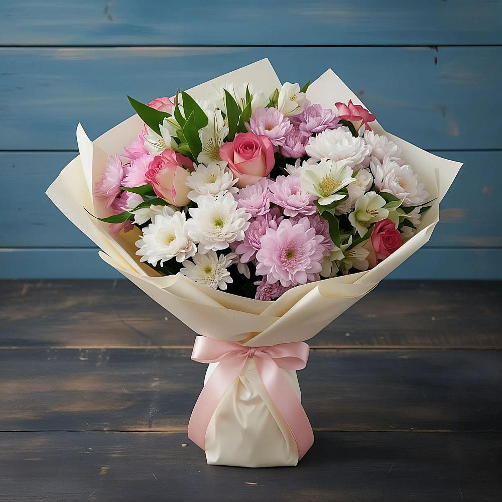 Букет цветов из: Хризантемы, Альстромерии и Розы в Усть-Лабинске